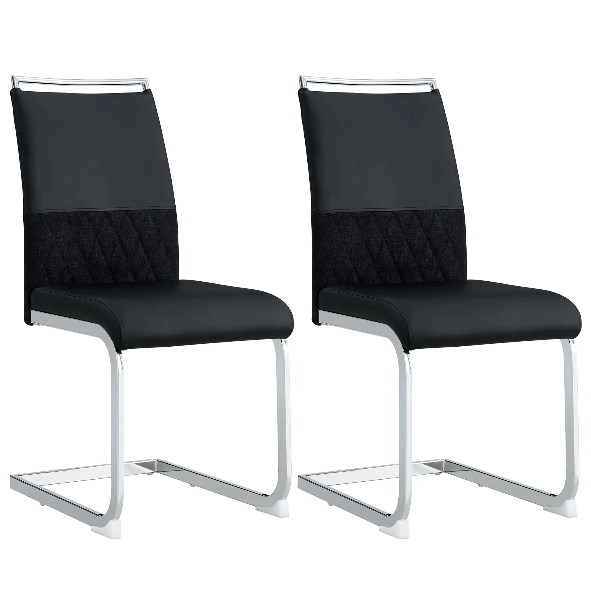 Modern dining chairs set of 2, backrest made of PU faux leather and linen, high back padded side chair