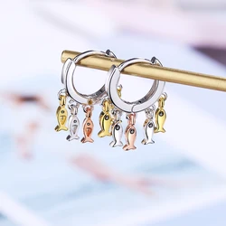 925 Sterling Silver Animal Tassel Ear Buckle Three Color Cute Fish Hoop Earring Creole Huggies for Women Girl Party Fine Jewelry