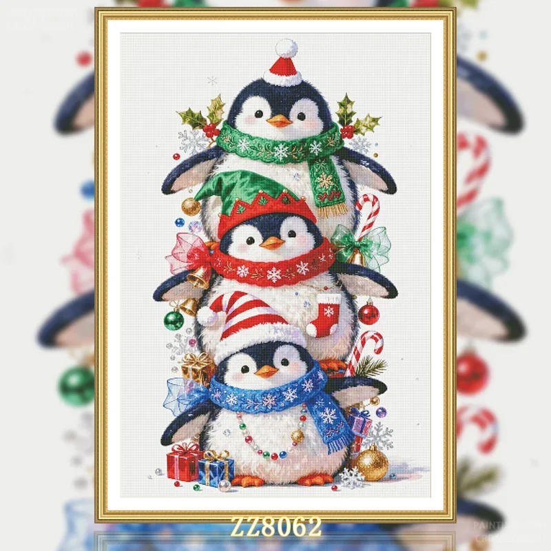 [ZZ8062-Three Penguins] Stamped Cross Stitch Kit 11CT 14CT 16CT 18CT Pre Printed Canvas Cotton Threads DIY Embroidery Wall Decor