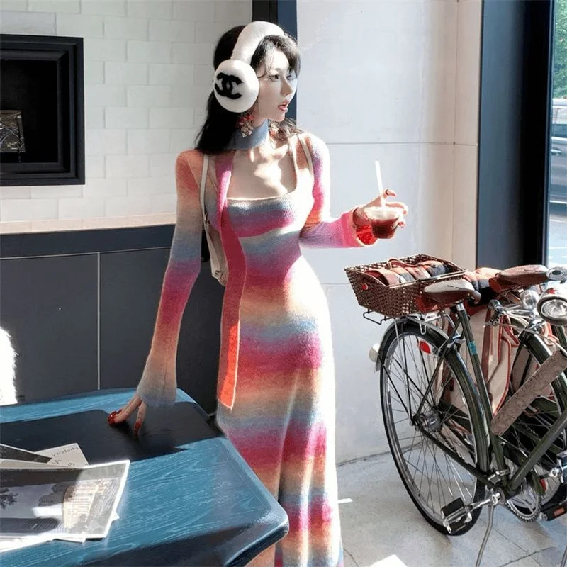 

Gentle Sweet Wind Rainbow Ribbon Design Long Dress Women'S Autumn Winter New Square Collar Waist Has Designed Sense Skirt