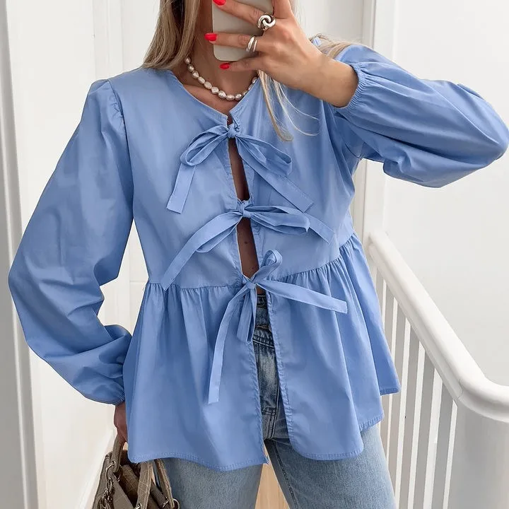 

Casual Solid Women Shirts Puff Long Sleeve Round Neck Bow Tie Lace Up Blouses Autumn Spring Sweet Female Top Clothing