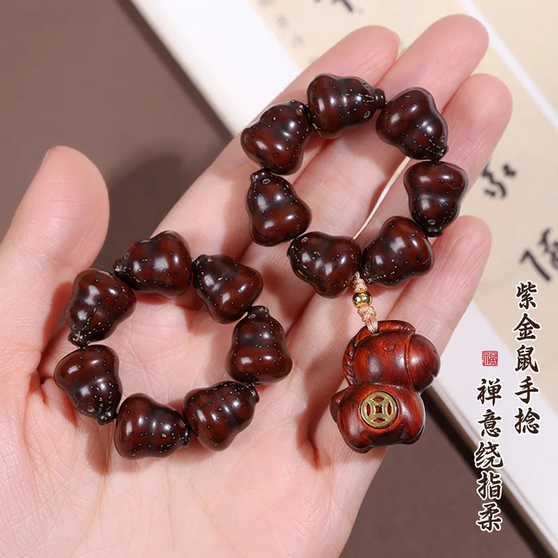 Retro Cute Style, Purple Gold Rat-Shaped Gourd Bodhi Seed Bracelet, Symbolizing Wealth And Prosperity, Bod