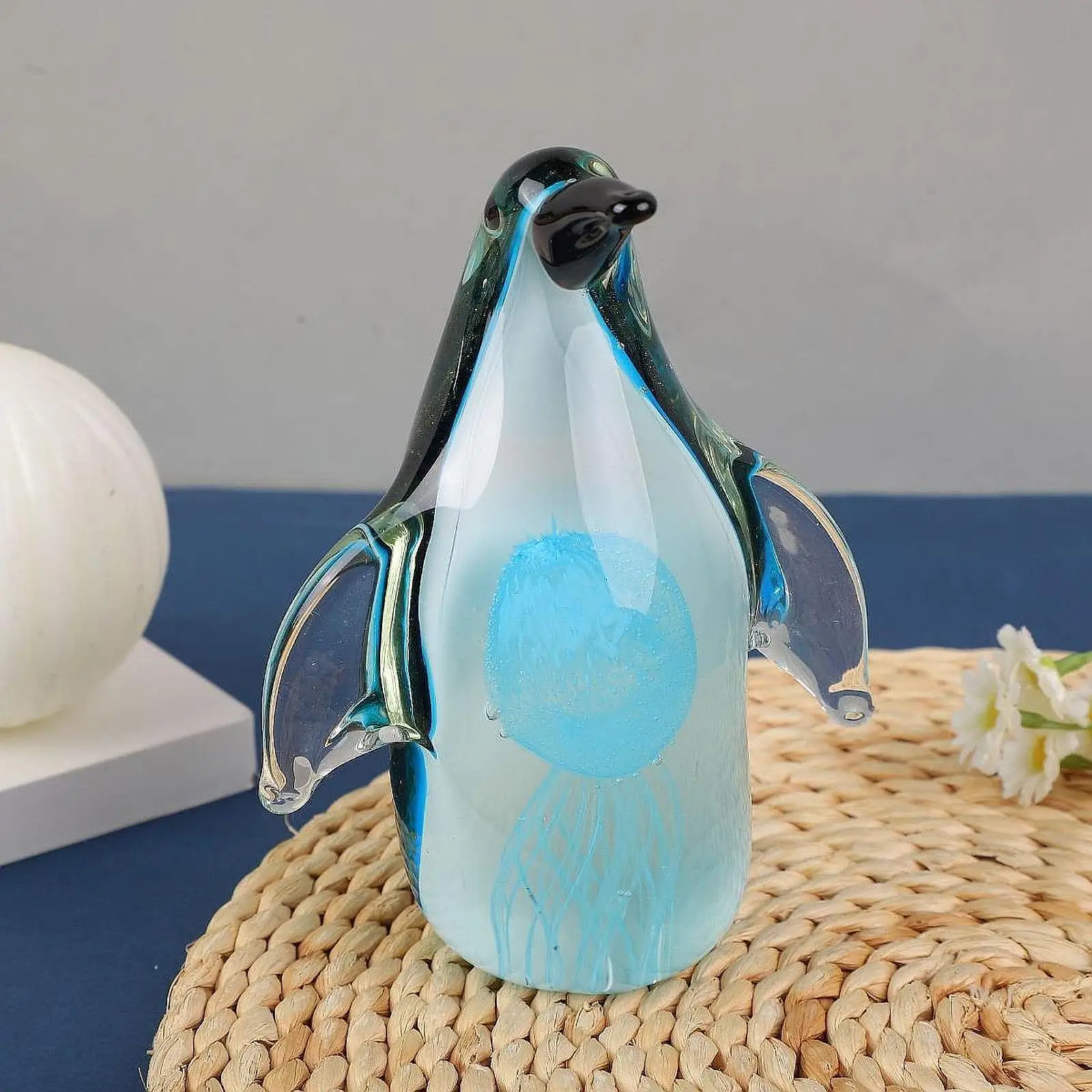 Penguin Glass Figurine with Jellyfish Ornament Handmade Blown Crystal Collectible for Desk Decoration