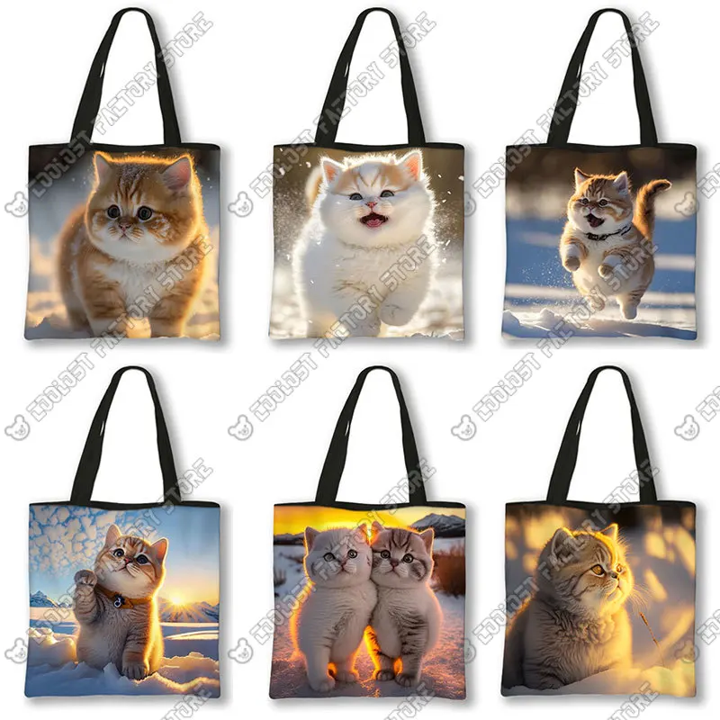 Kawaii سنو القط حقيبة كتف مطبوعة حقيبة نسائية صغيرة حقائب الكرتون الحيوانات ايكو قابلة لإعادة الاستخدام حقيبة تسوق عالية السعة حقائب كتف الهدايا