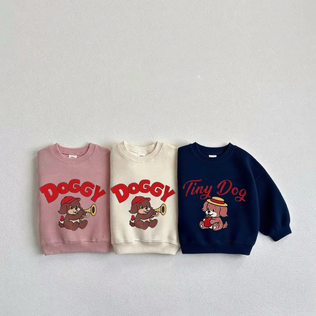 Lovely Tops Baby Boys Solid Color Long Sleeve Cartoon Little Dog Print Hoodie Beige Pink Clothing Child New 2025 Autumn Popular