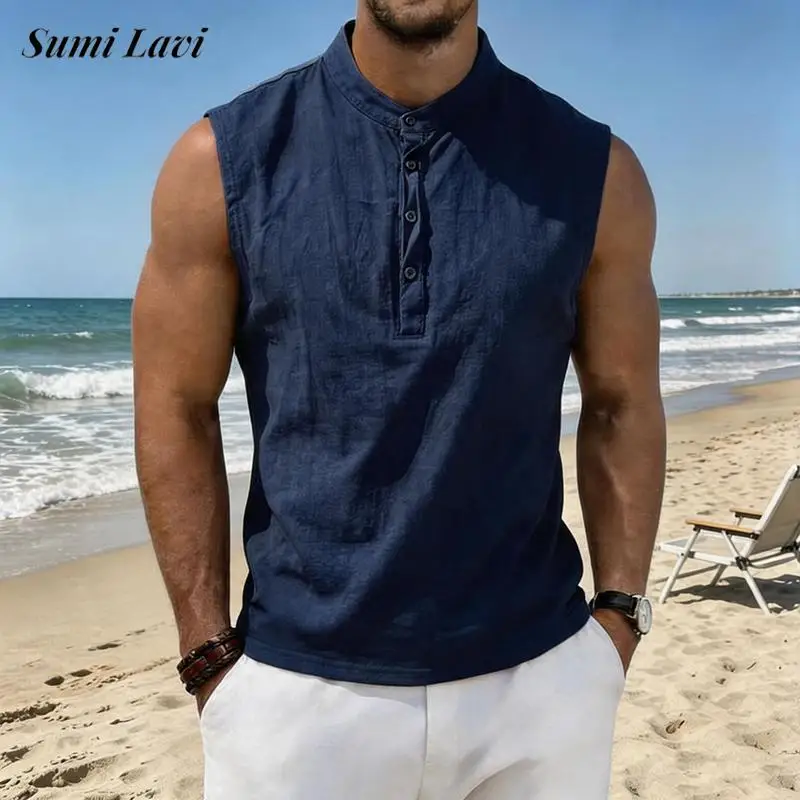 Vintage Buttoned Stand Collar Tank Tops Men Summer Breathable Sleeveless Linen Camisole Mens Daily Casual Solid Color Vest Shirt