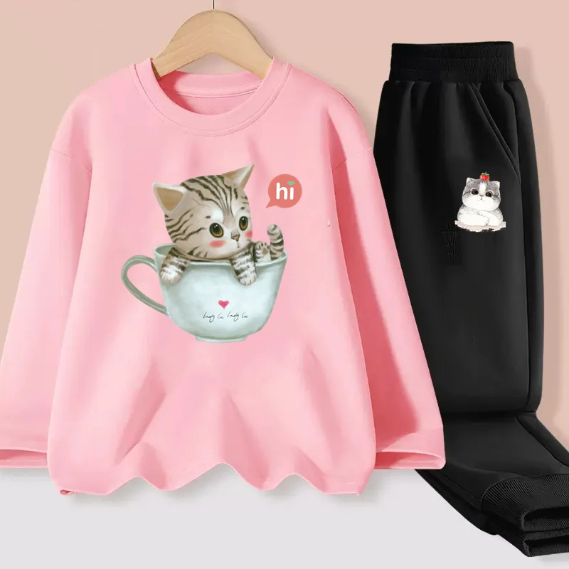 Aimi Lakana Children Spring Sets Cup Cat Kitty T-shirt Girls Long Sleeve Clothing Casual Cartoon Dresses Outfit 3-14T