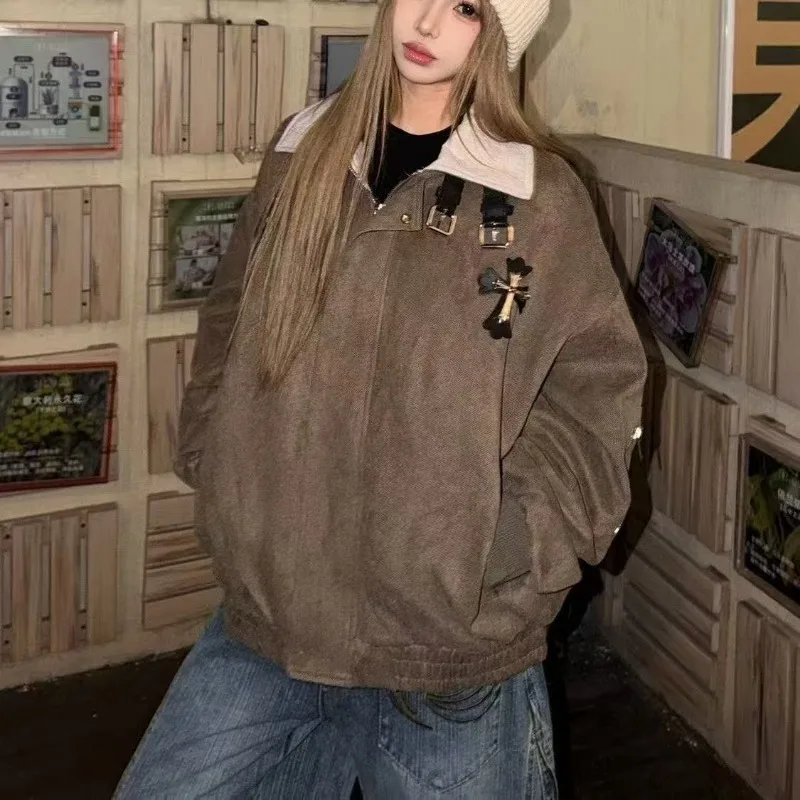 22026 Spring Autumn Lapel Short Jacket Women Y2K Clothes Retro Cross Pattern Lazy Chic Loose High Neck Casual Elegant Outer Coat