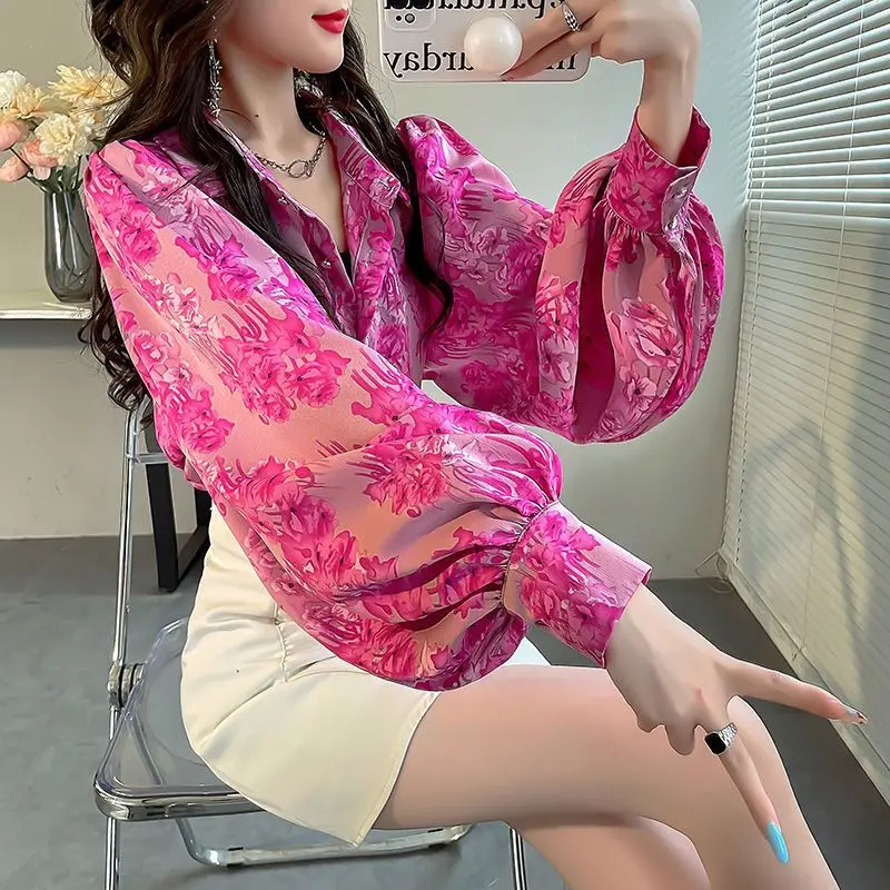 Ladies Temperament Printing Chiffon Turn-down Collar Lantern Sleeve Blouse Spring Korean Buttons Loose Cardigan Women\'s Shirt