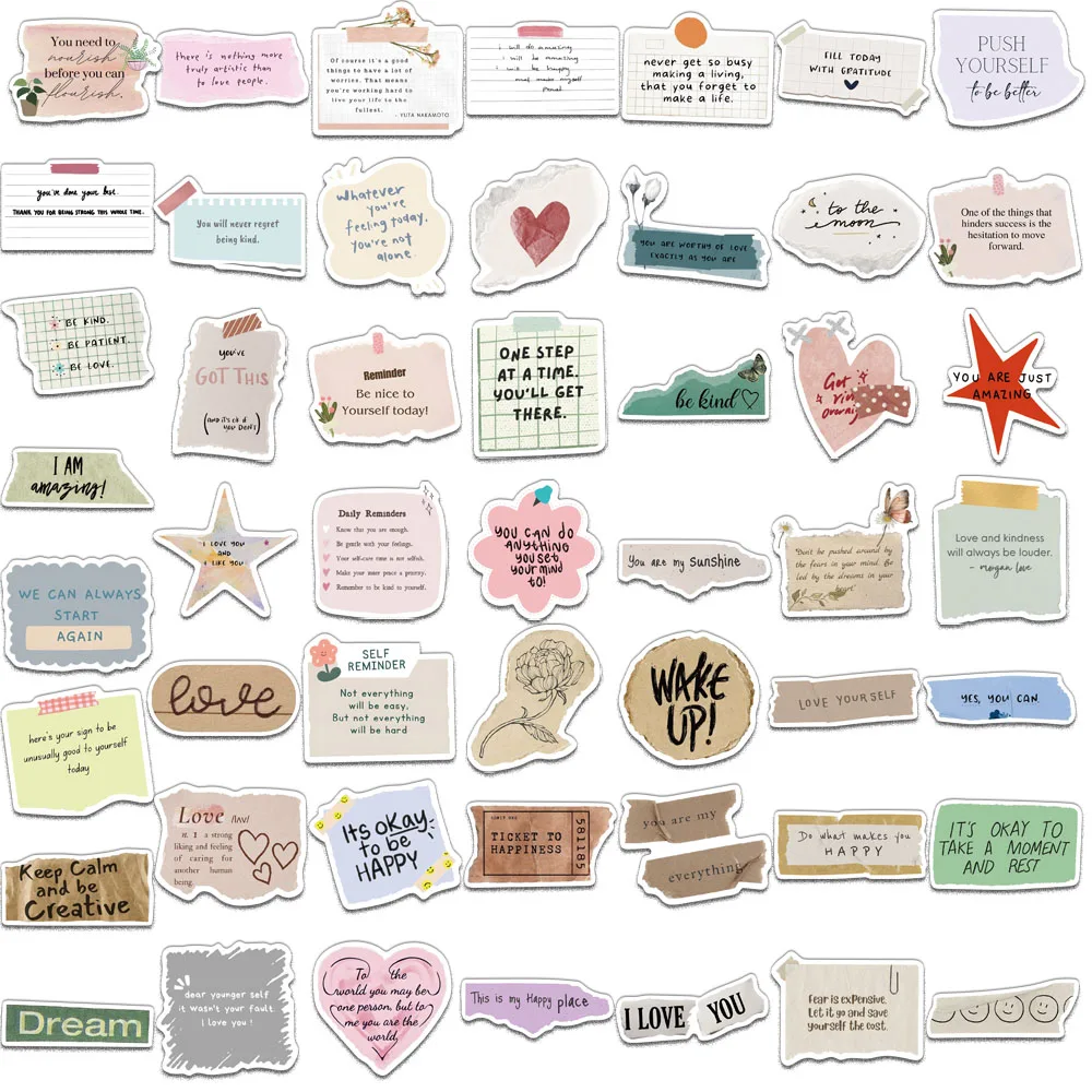 50PCS Creative Fragmented ข้อความขนาดเล็กสติกเกอร์ตกแต่งเคสโทรศัพท์แล็ปท็อปถ้วยน้ําสเก็ตบอร์ด DIY ส่วนบุคคลสติกเกอร์