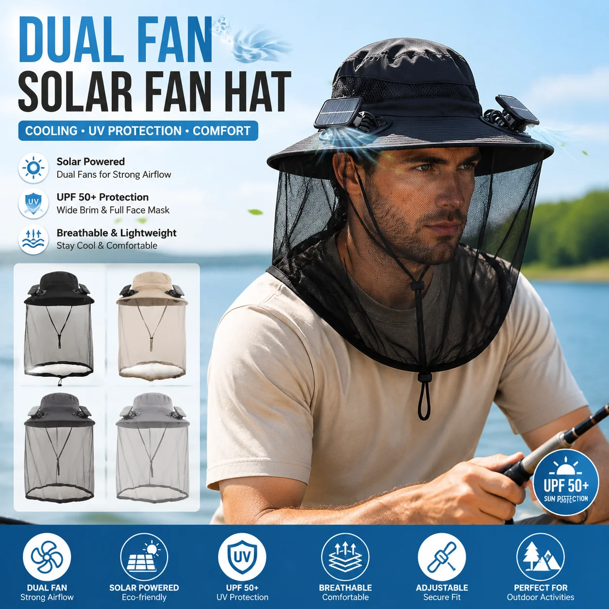 Dual Fan Solar Fan Hat with Face Mask Breathable UV Protection Wide Brim Sun Cap Cooling Fan Hat for Fishing Travel Beekeeping