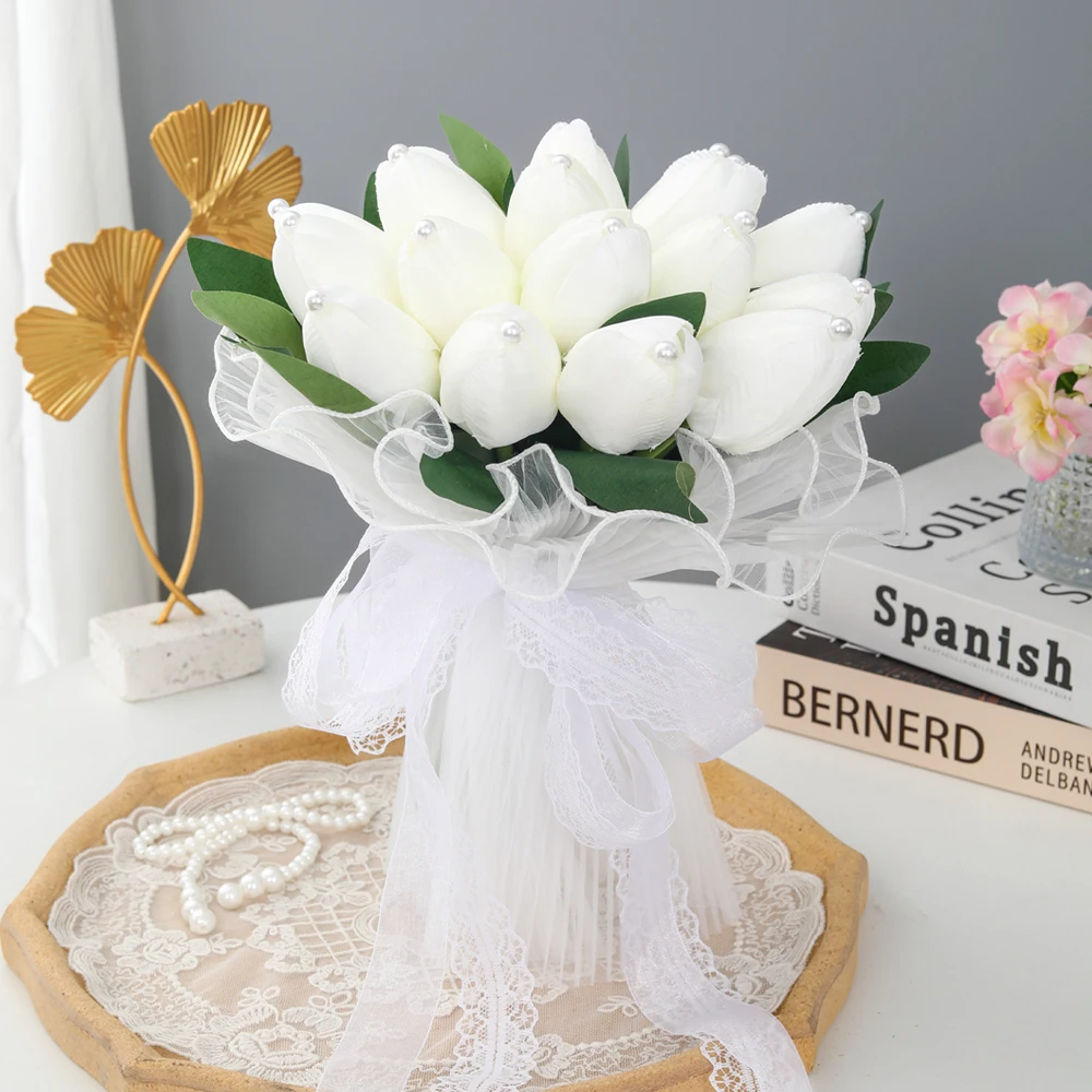 White Pearl Tulip Bridal Bouquet, Lace Bow Wedding Artificial Flower for Wedding Photography Prop Prom Gift