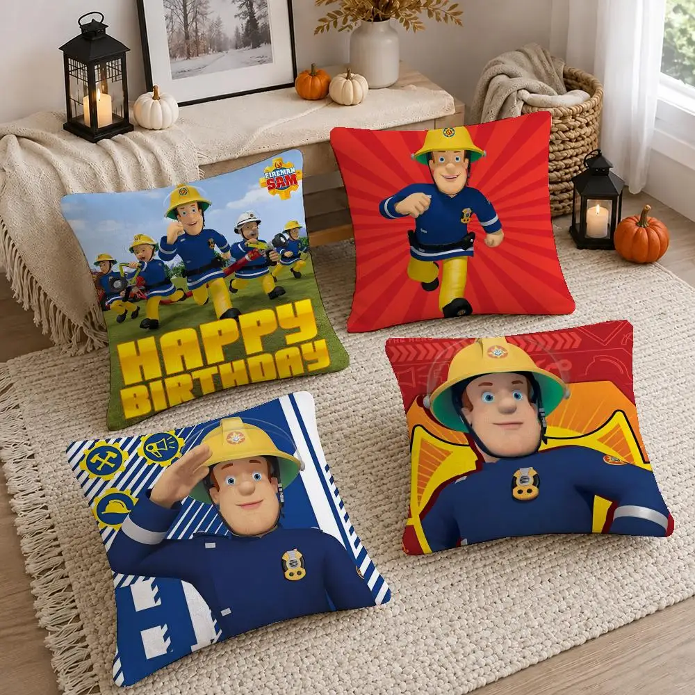 Cute Show Fireman Sam Cushion Cover Washable Short Plush Pillowcase, Wrinkle Resistant Cushion Cover for Bedroom Decor Gift