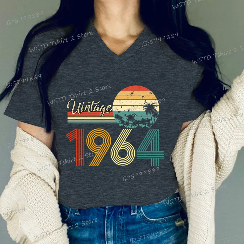 Vintage 1964 Women's Clothing Classic Graphic Birthday Gift 61th Birthday Party V-neck Classic Tops 61 Year Old Summer T-shirt