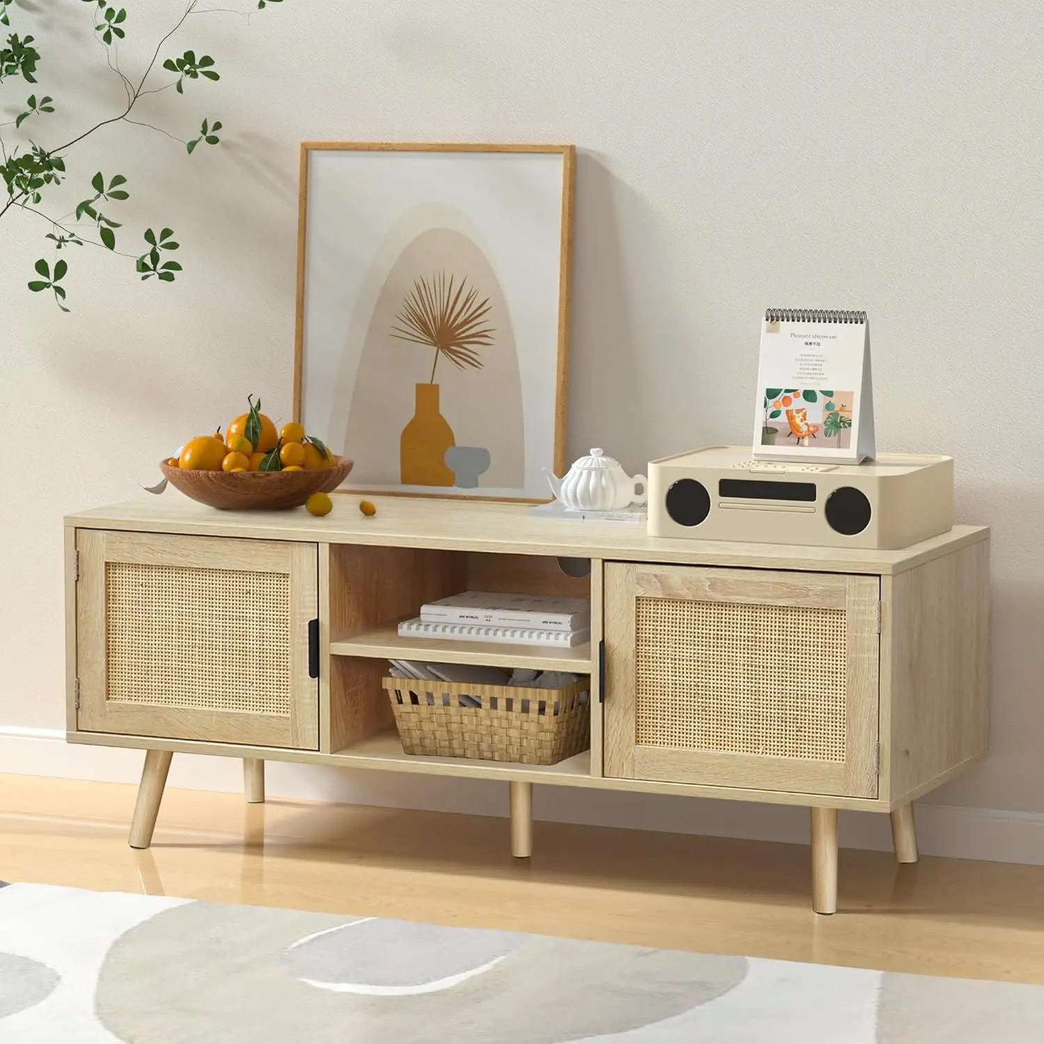 Anmytek-Meuble TV en rotin de ferme, centre de divertissement multimédia en bois moderne, table console pour téléviseurs jusqu'à 55 ans avec 2 portes