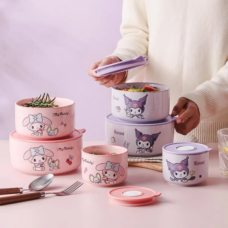 

Sanrio My Melody Kuromi Anime Kawaii Ceramic Food Storage Bowl Set Cute Cartoon Large Capacity Tableware Gifts for Kids
