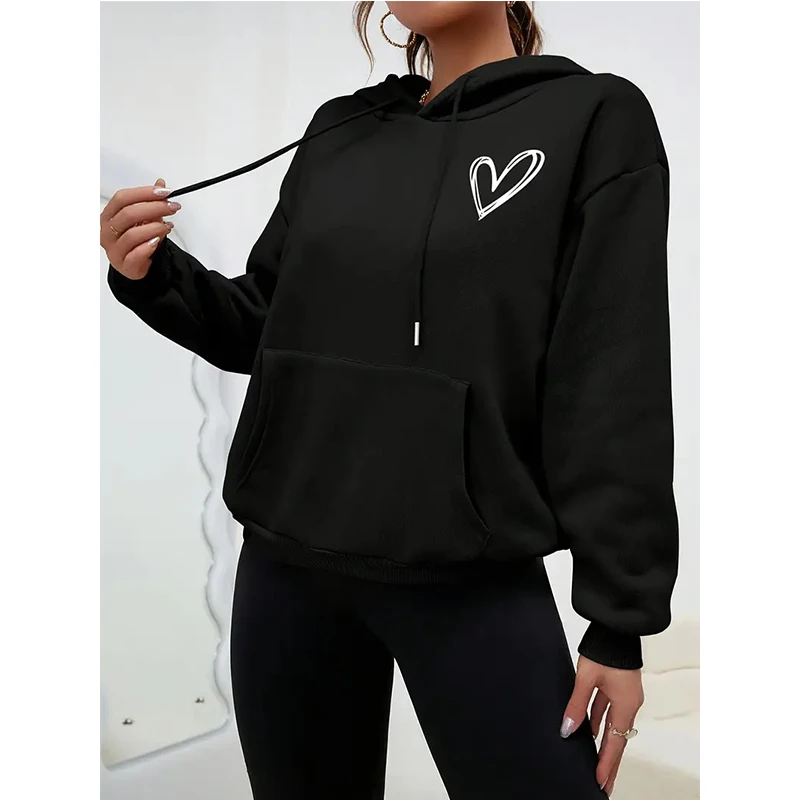 بلوفرات نسائية سوداء غير رسمية بغطاء للرأس مع طباعة قلب وأكمام طويلة وجيب وبلوزات برباط وقلنسوة موضة الخريف/الشتاء #5