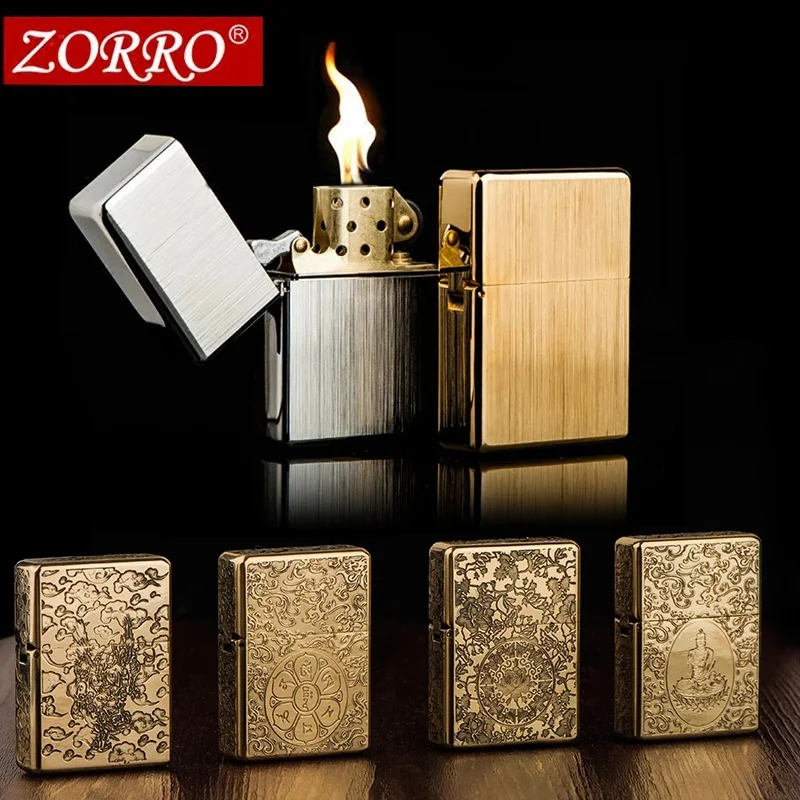 ZORRO 912 ولاعة الكيروسين النحاسية/التيتانيوم المقاومة للرياح؛ 3/5 ولاعة بنزين معدنية مفصلية هدية للرجال 150 جرام