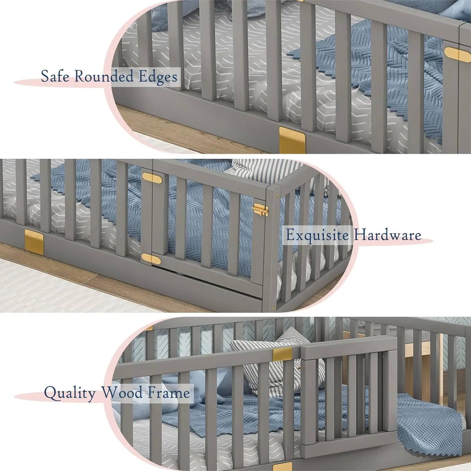 Tatub-Cama Montessori Twin Floor com Guardrails Segurança, Moldura de Madeira Cinza, Porta Instala Esquerda ou Direita