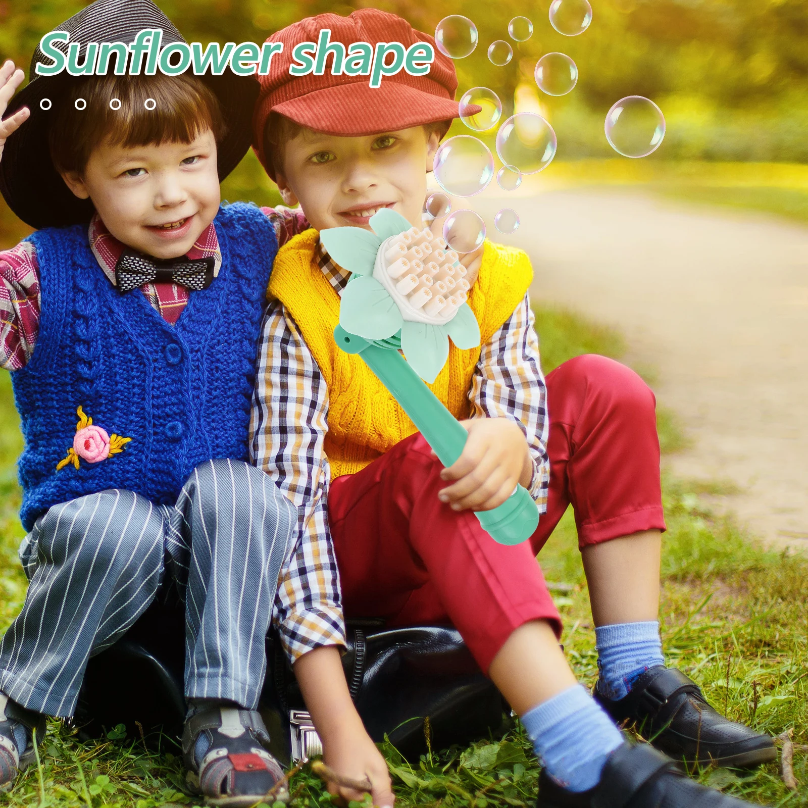Varita de burbujas portátil con forma de girasol, soplador de burbujas eléctrico para niños, juguete de varita de regalo para jugar al aire libre y al interior