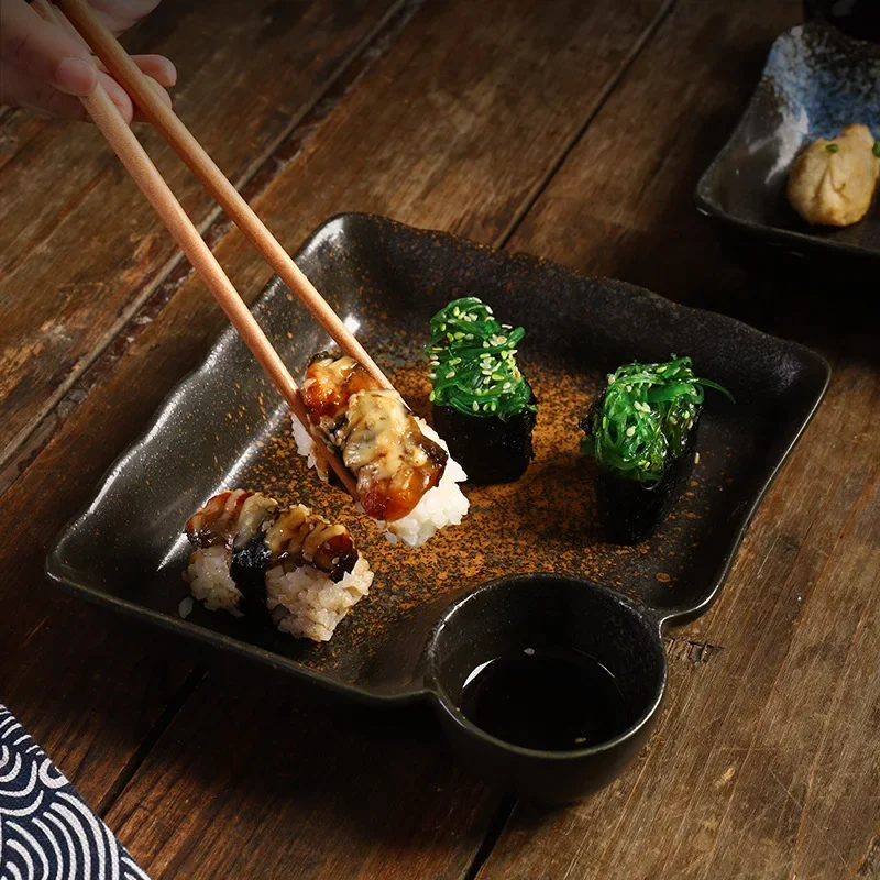 1PC Dumpling Plate Japanese Ceramic Household with Vinegar Plate Grid Plate Creative Hotel Restaurant Square Dumplings