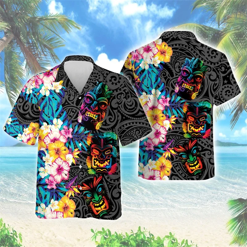 Hip Hop Hawaiian Tiki Mask 3D Printed Beach Shirt Harajuku Fashion Shirts For Men Clothes Polynesia God Short Sleeve Aloha Tops