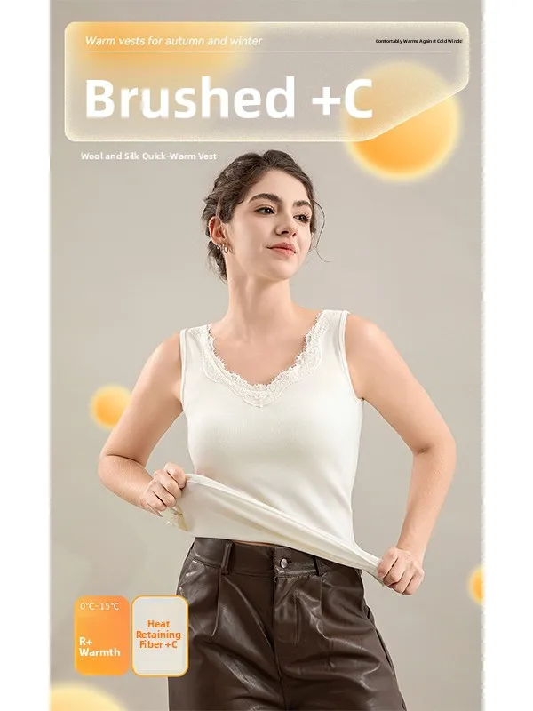 

Lace Trim V-Ne White Strapl Vest Women's Inner Wear Autumn Winter No Sve Top with Chest Pad Base Layer Outerwear