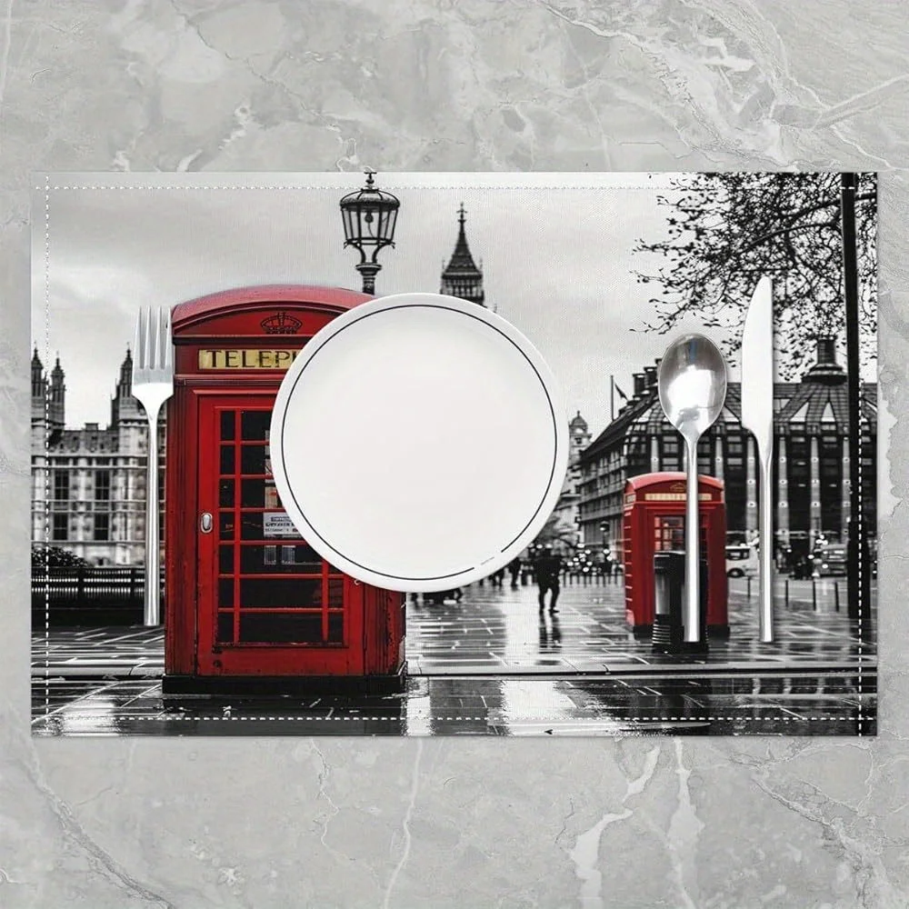 London Landmark Placemats Set of 4 Red Telephone Booth Big Ben Print Table Mats Linen Decor British Style Home Tableware
