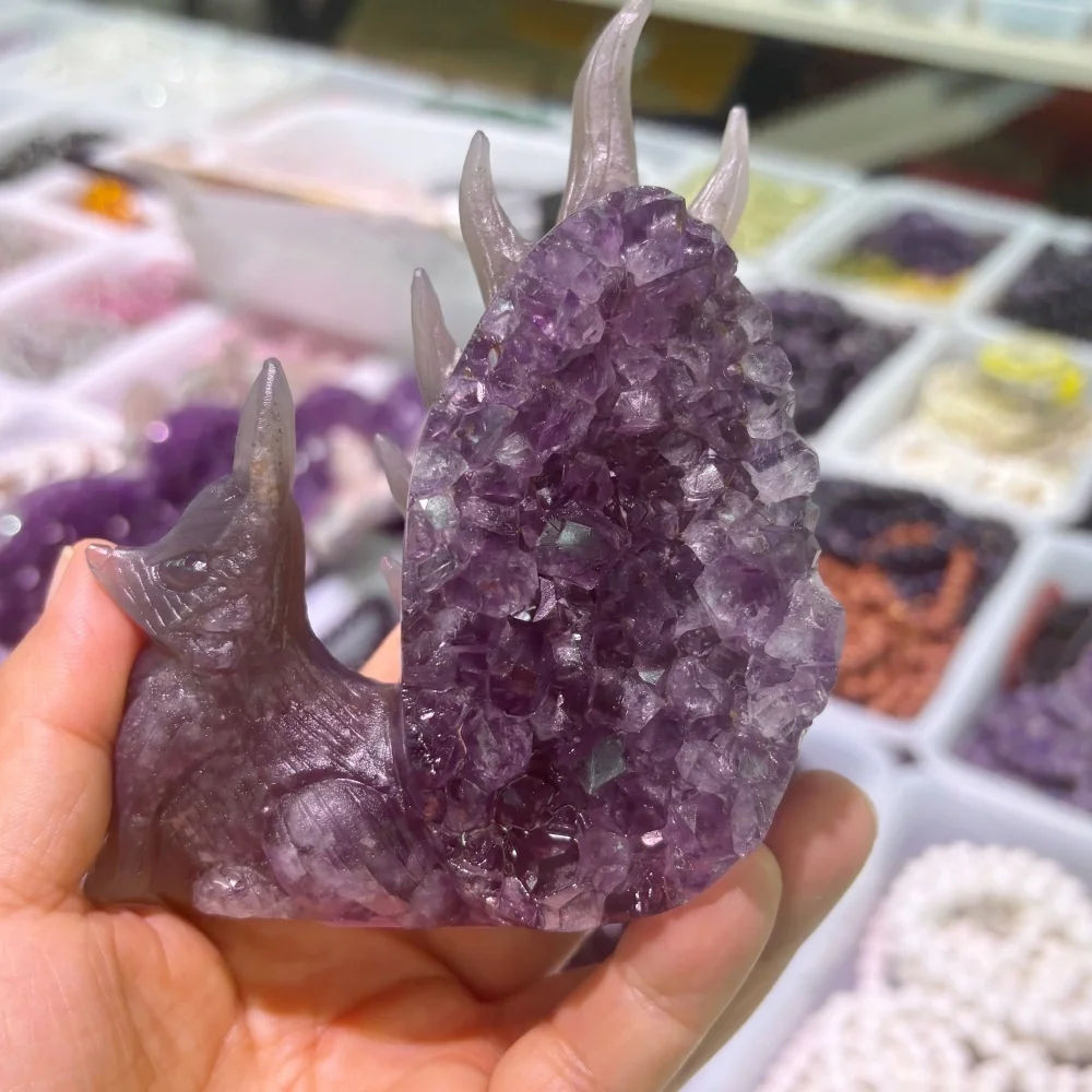 Natural Amethyst Geode Hand Carved Nine Tailed Fox Figurine, Crystal Kyuubi Fox Statue, Reiki Healing Stone Home Decor Gift