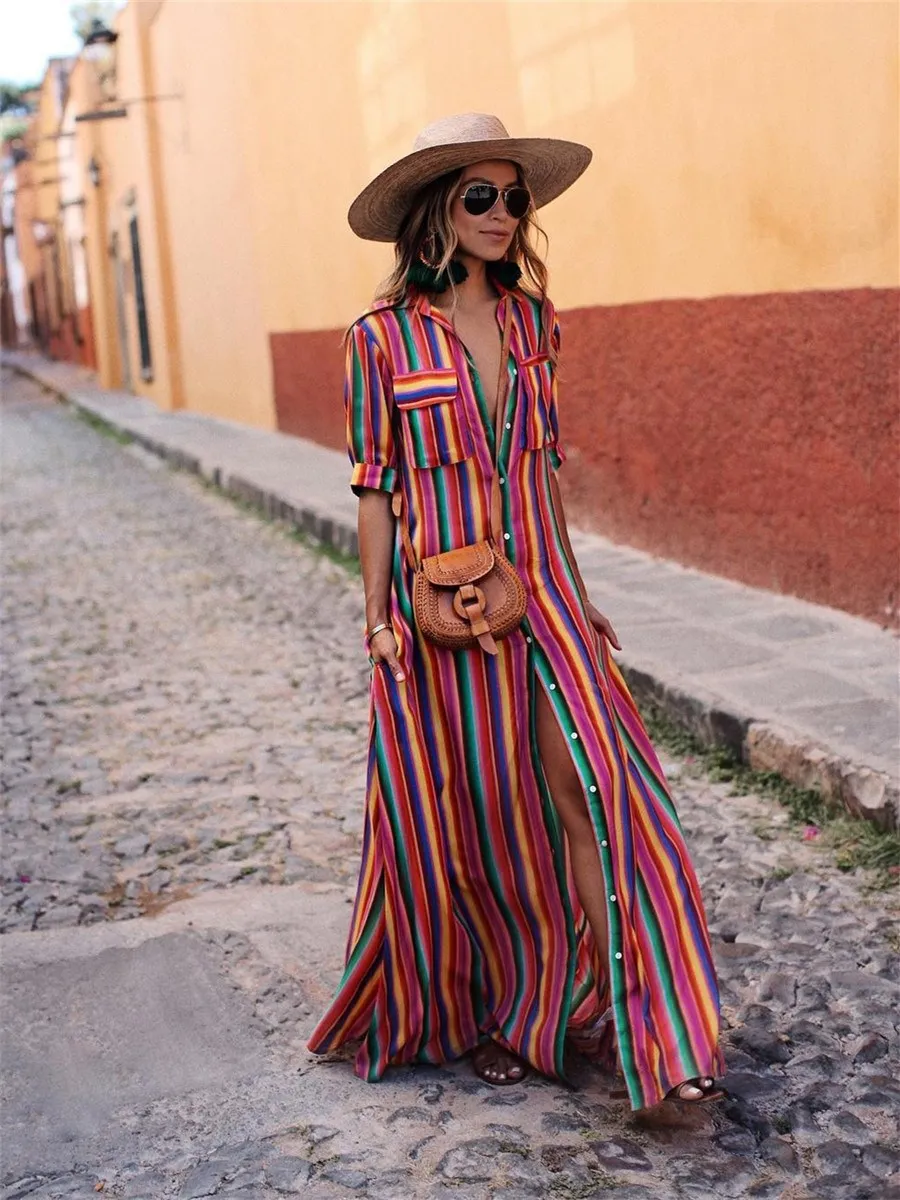 Women's Summer Faion Long Sve Loose Casual Rainbow Stripe Print A-Line Long Dr Street Sle V-Ne Midi Skirt
