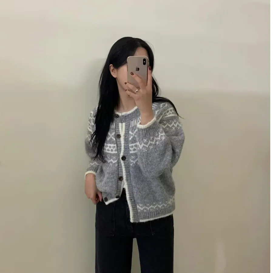 

Retro Soft Knitted round Ne Fair Isle Motif Sweater Coat for Women Single Button Closure Long Sve Warm Spring Outerwear