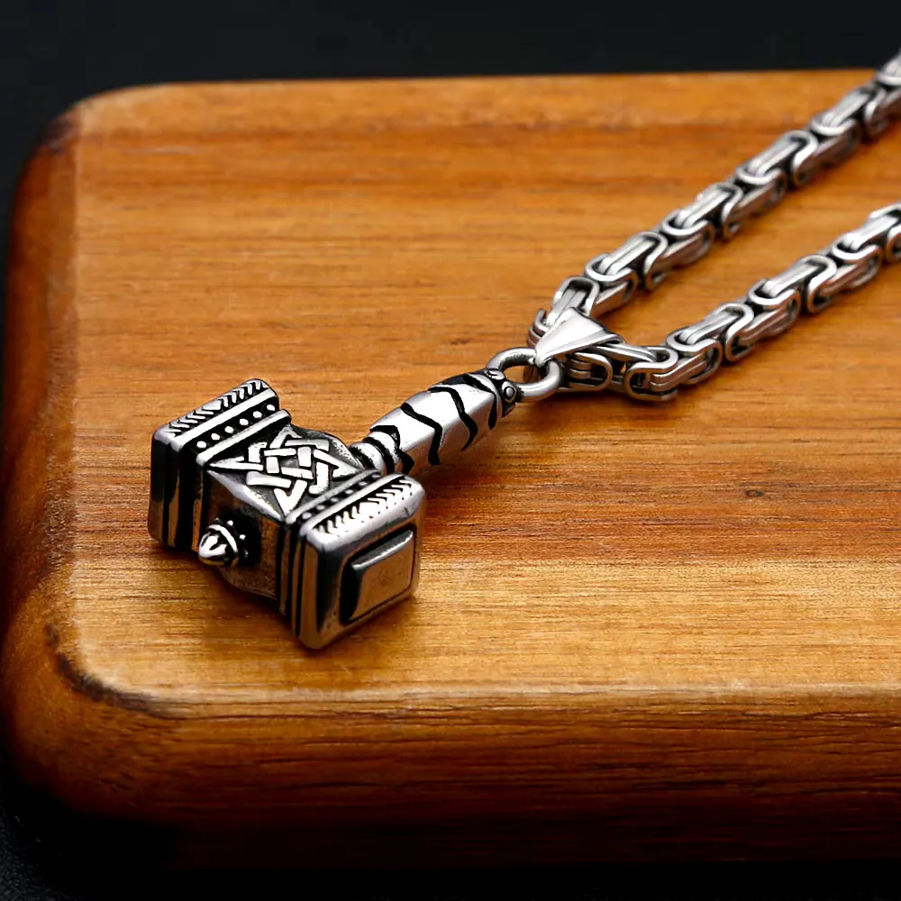 Vintage Mjolnir Thor Hammer Pendant Necklace Stainless Steel Viking Odin Rune Celtic Knot Necklace Street Male Fashion Jewelry