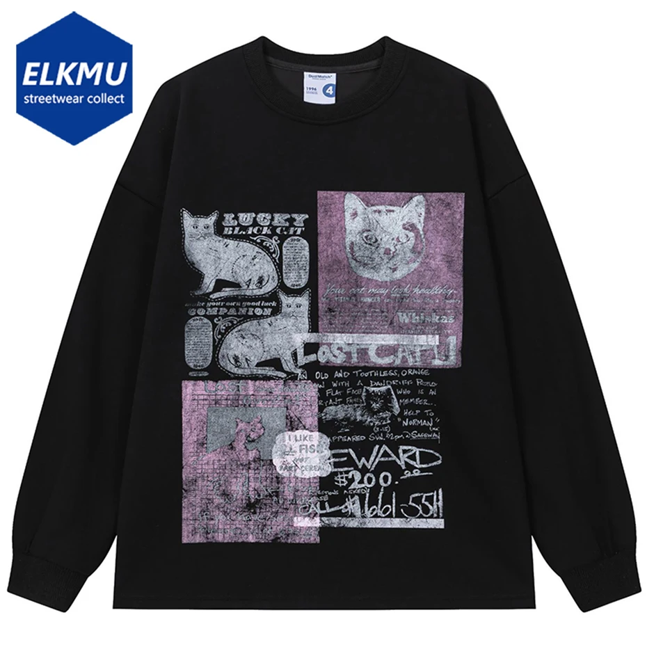 

Hip Hop Harajuku Cat Graphic Long Sleeve T Shirts Men Streetwear Oversized Loose Casual Tee Tops Black Gray Casual T-shirt Y2K