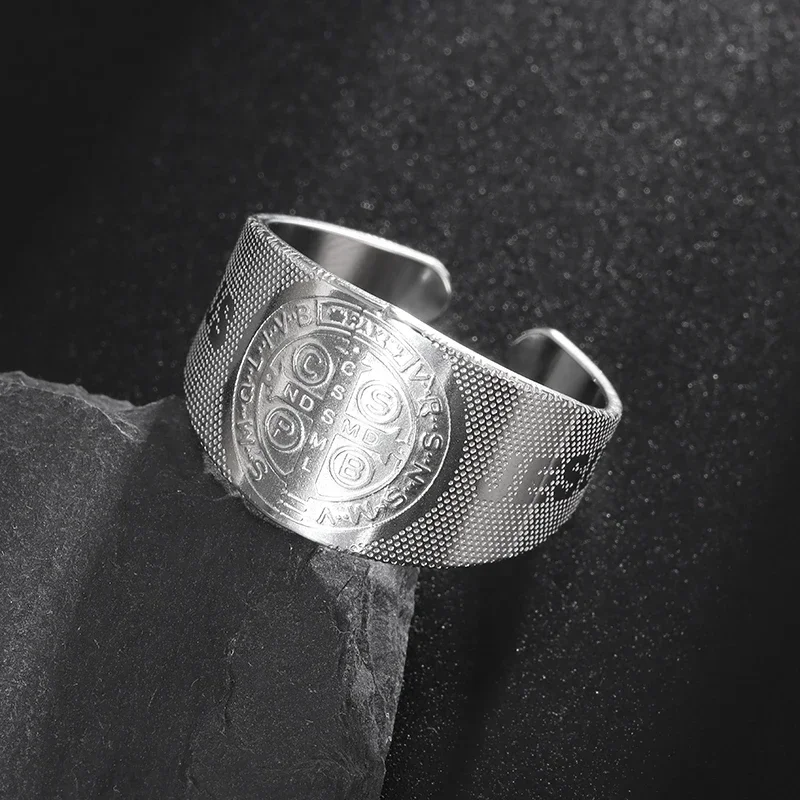 Exquisite Stainless Steel Saint Benedict Jesus Cross Ring Christian San Benito Faith Jewelry Catholic Men Women Gifts