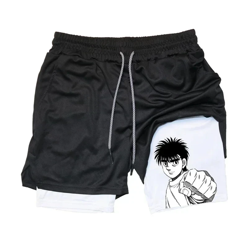 Quick Drying Fitness Workout Boxing Training Shorts Anime Print 2 in 1 Men\'s Compression Shorts Sports Performance Shorts M-3XL