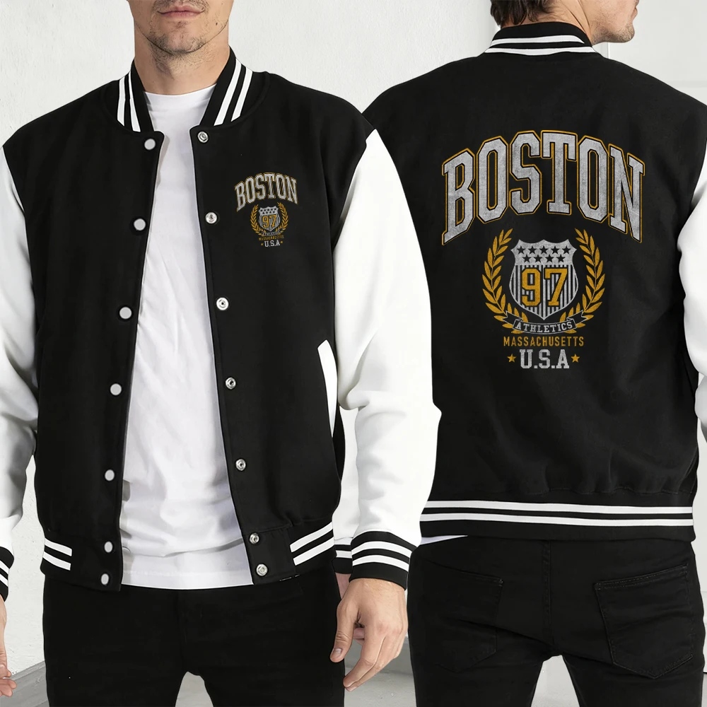 

Куртки с принтом Бостон Массачусетс, мужская осенняя повседневная одежда, уличная одежда в стиле хип-хоп с комиксами, модная свободная бейсбольная куртка из джерси