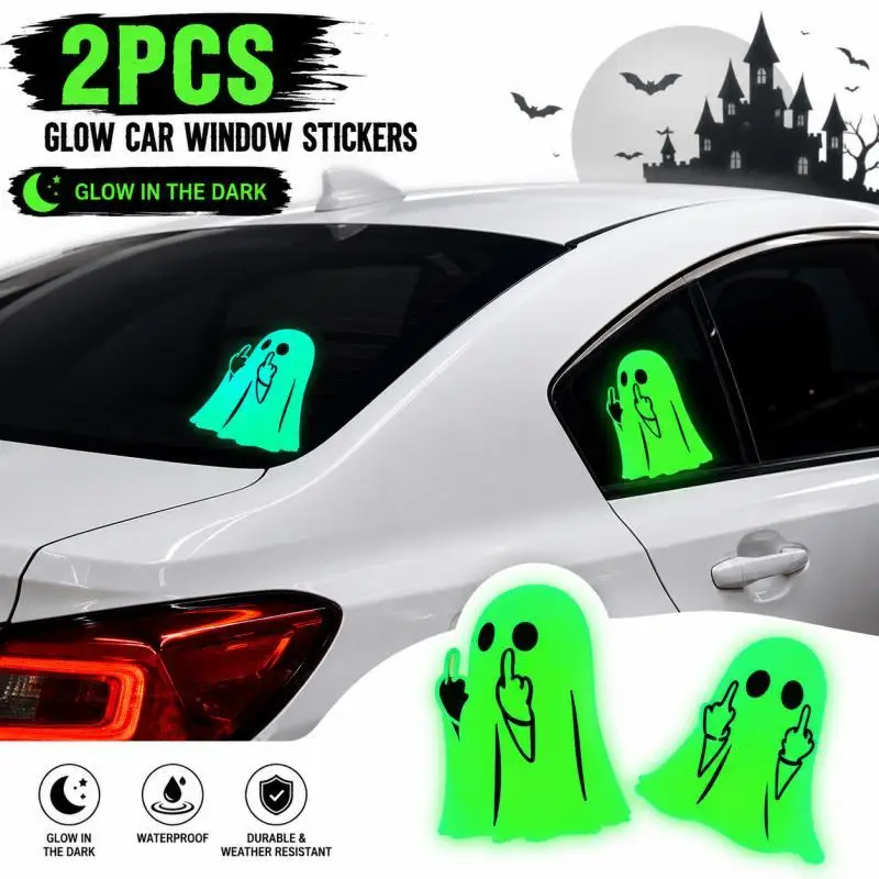 2PCS Glow in the Dark Ghost Car Window Stickers, Funny Halloween Auto Decals for Side and Rear Windows