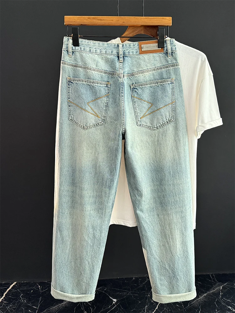 

Свободные мужские прямые джинсы с рваными глазами, светло-голубые винтажные модные брендовые повседневные брюки в стиле ретро, джинсы из хлопка и лиоцеллового волокна