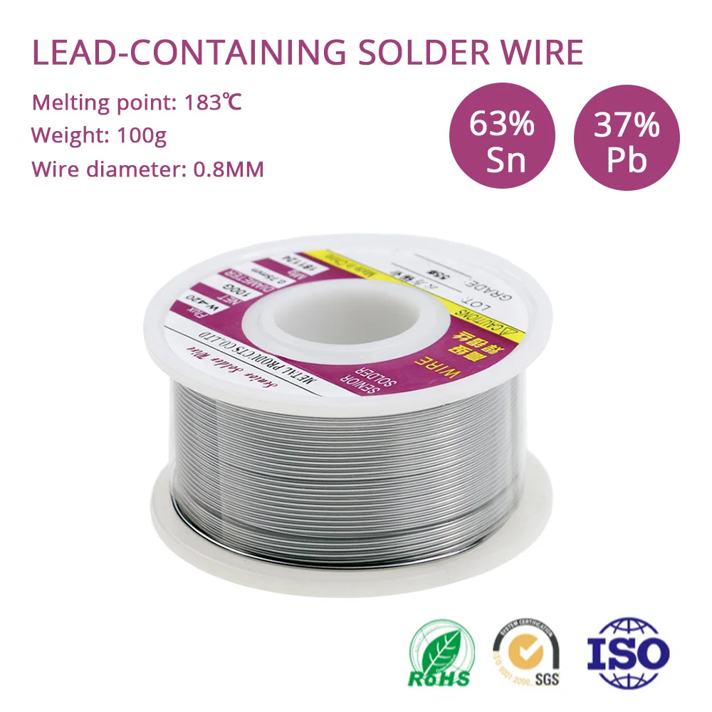 

100 г оловянной припой с канифольным сердечником Sn63Pb37 Припой 0,8 мм 183 ℃ Точка плавления, припой высокой чистоты, сварочный флюс, железный кабель