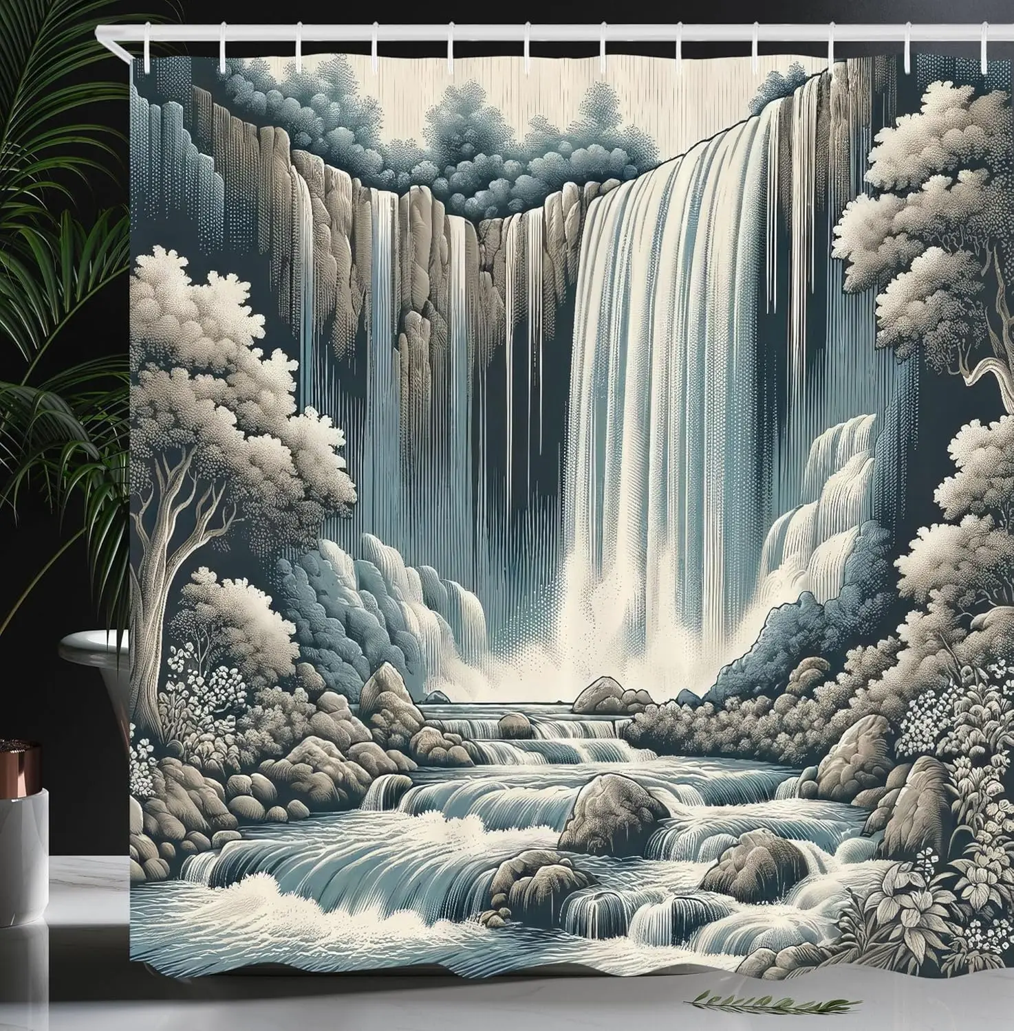 Landscape Shower Curtain, Expressive Nature Scene with Waterfall Forest Trees in Vintage Concept, Cloth Fabric Bathroom Decor