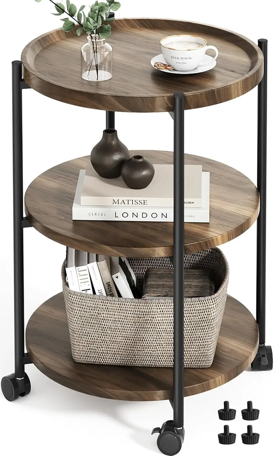 

Side Table, 3-Tier Modern End Table with Wheels, Small Round Nightstand Bedside Table for Living Room, Bedroom, or Small Spaces-