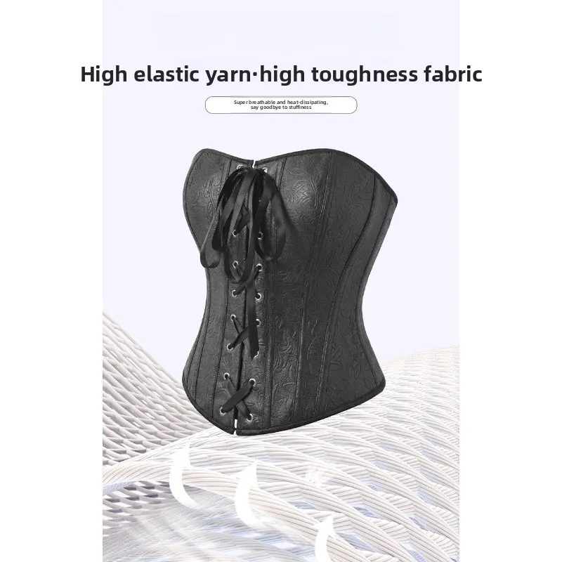 Women Gothic Black Damask Corset Front Tie Ribbon Design Strapless Bustier Daily Cosplay Body Shaper