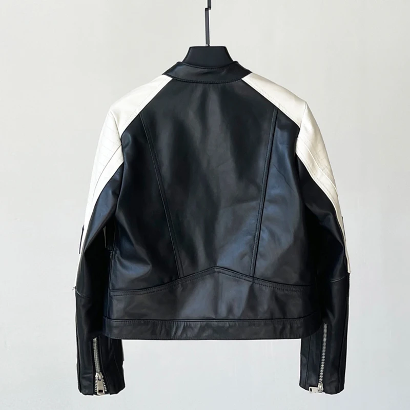 Damen-Jacken aus echtem Schaffell, Herbstmode, Stehkragen, Farbblockierung, einreihig, erste Schicht, Leder, Reißverschluss, Mäntel