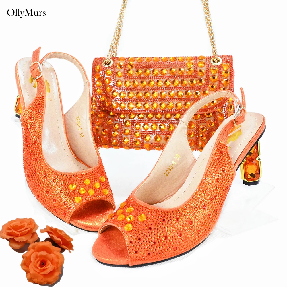

African Design Women Wedding Shoes And Bag Set New Arrivals High Heel Pumps With Shinning Crystal Shoes For Wedding Dress