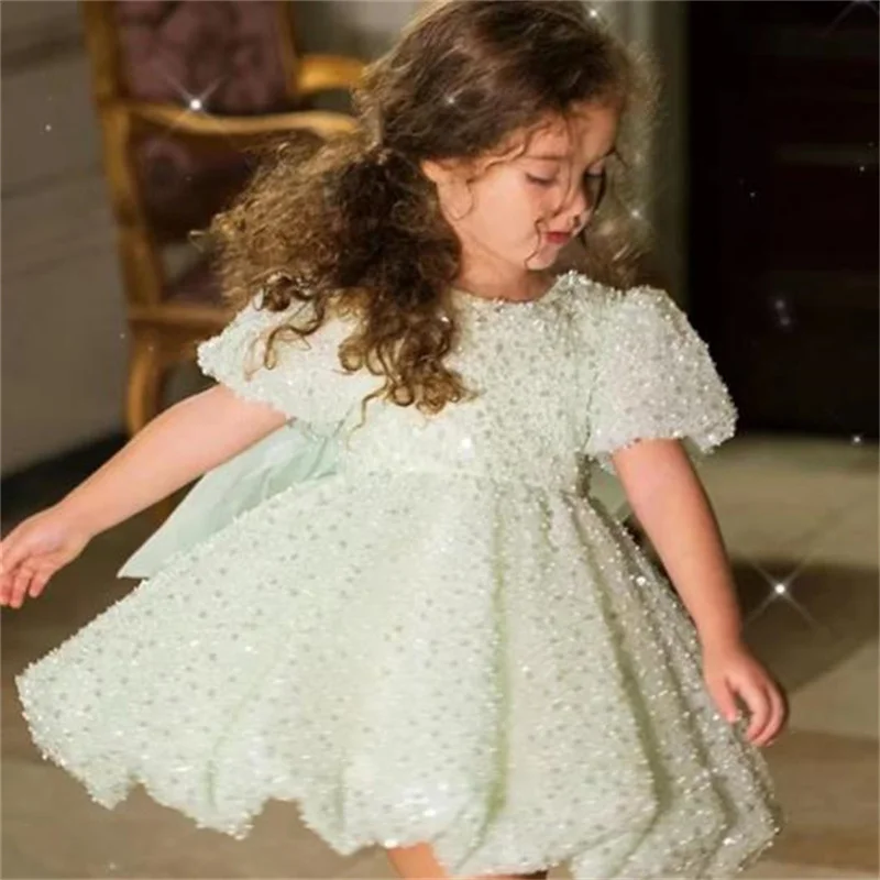 Green sequins short sleeve aline fashion casual girl princess dress 2022 new party dress baby summer