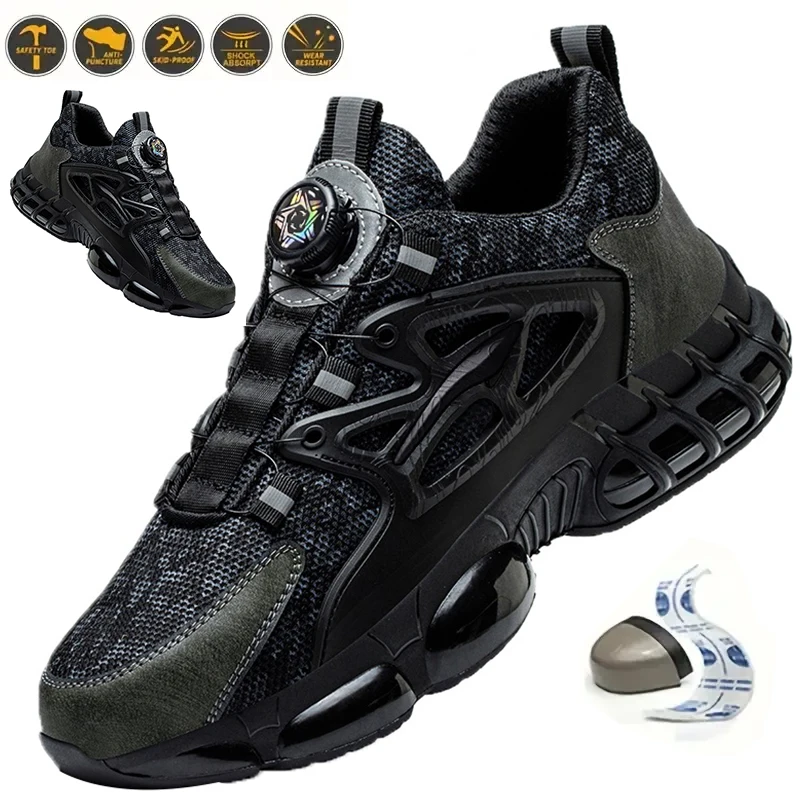 Fashion Rotating Button Safety Shoes Men Steel Toe Air Cushion Work Shoes Man Puncture Proof Work Safety Boots Protective Shoes