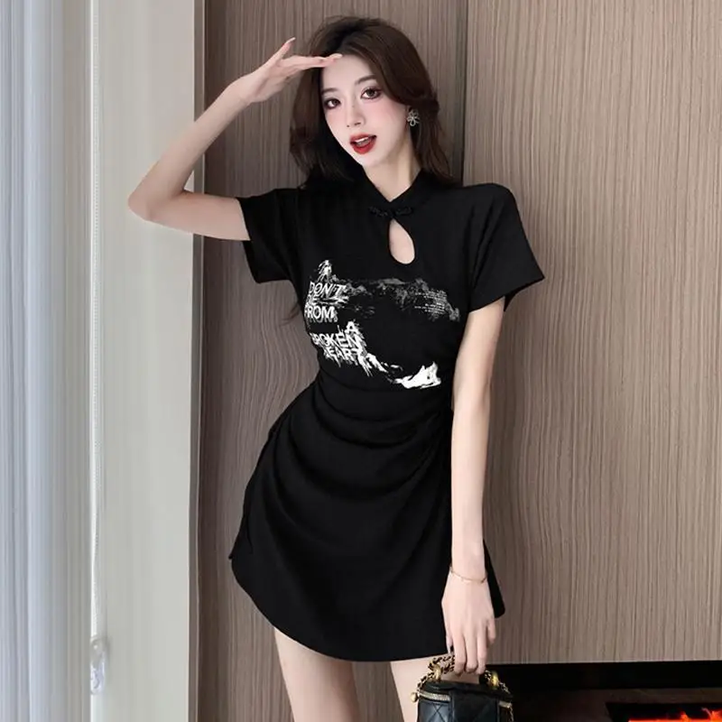 Chinese Style Summer Women's Graceful Mini T Shirts Dress Lady Vintage Print Letter Short Sleeve Shirring Dresses New Clothing