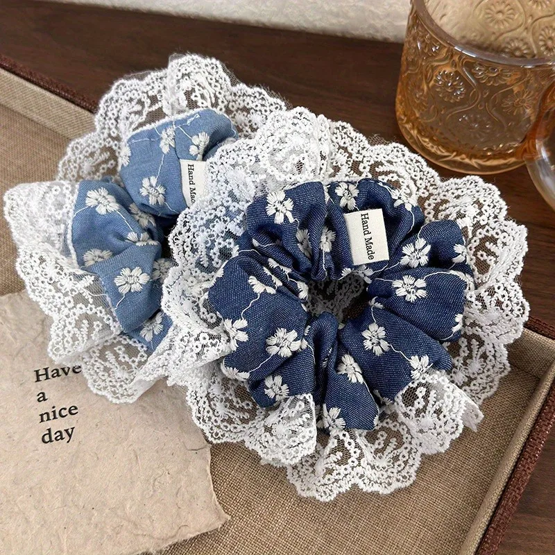 Elegant Blue Lace Edged Women's Children's Universal Cloth Hair Band Daily Wear Travel Braided Hair Versatile Fashion Accessorie view 4