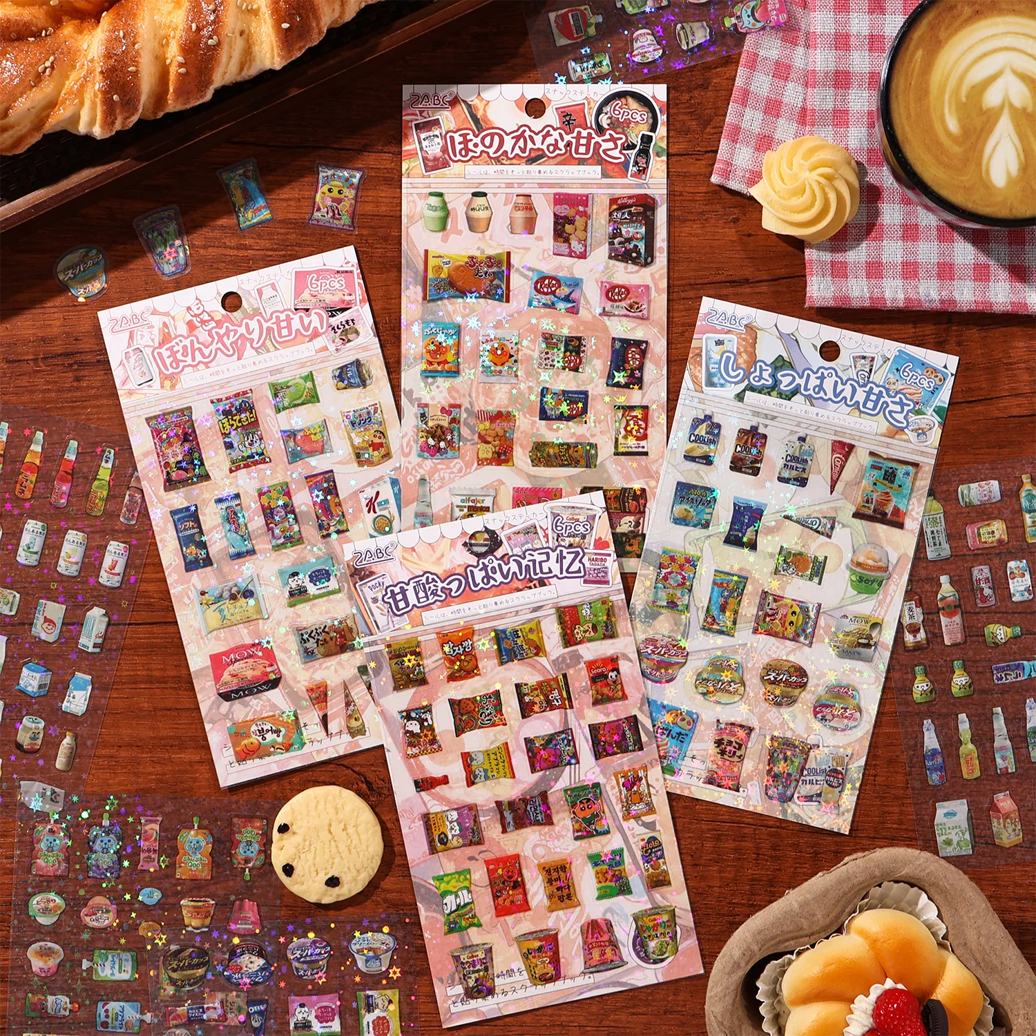 6 sheets Aesthetic Snack Shop Journal Stickers, Assorted Food Patterns Student Craft Stationery