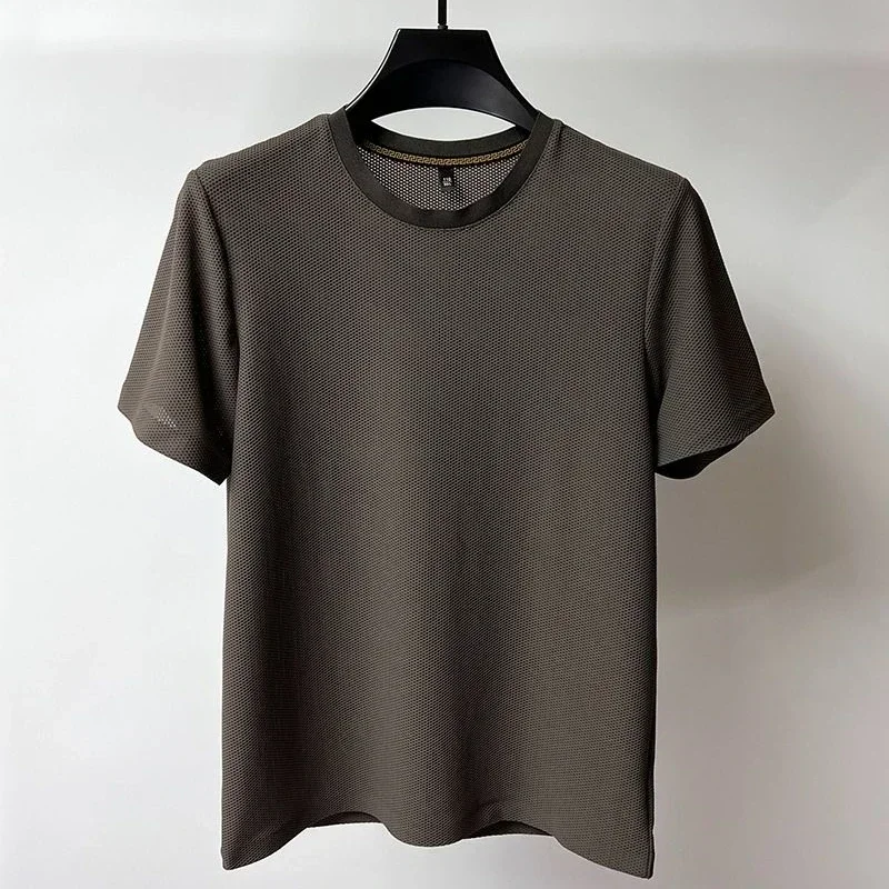 Summer Ice Silk Mesh T-Shirt Men Short Sleeve Round Neck Casual Breathable Hollow Sweat-absorbing Thin Solid Tees Top